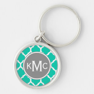 Teal Grått Moroccan Lattice Rund Silverfärgad Nyckelring