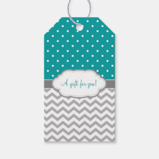 Teal Grått White Polka Dot Chevron Gift-Märkre Presentetikett