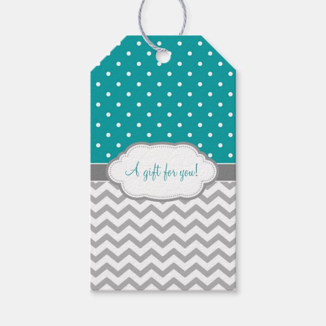 Teal Grått White Polka Dot Chevron Gift-Märkre Presentetikett (Framsidan)