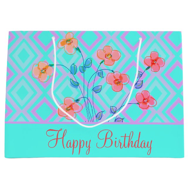 Teal Grattis på födelsedagen Gift Bag med Blommigt (Framsidan)