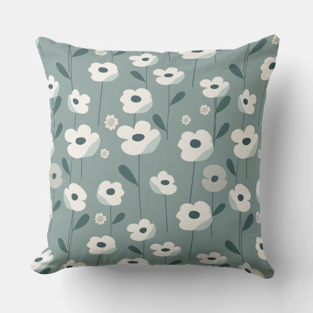 Teal Green and White Floral Throw Pillow Kudde (Framsida)