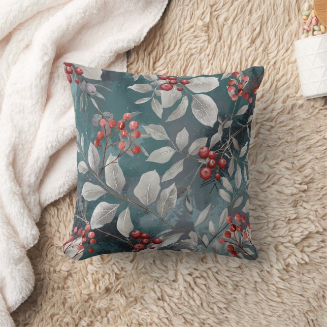 Teal Green, Blue Pillow with Berries Kudde (Filt)