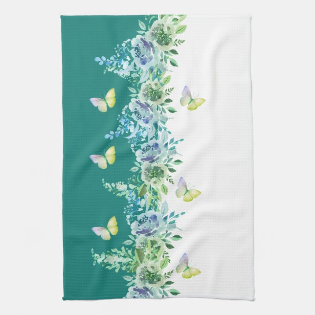 Teal Green Botanical Butterflies Kitchen Towel Kökshandduk (Vertikal)