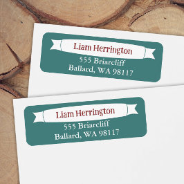 Teal Green & Burgundy Address Label with Banner Returadress Etikett