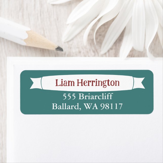 Teal Green & Burgundy Address Label with Banner Returadress Etikett (Insitu)