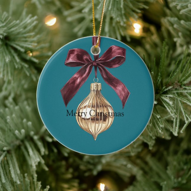 Teal Green Burgundy Bow Gold Ornament Christmas (Träd)