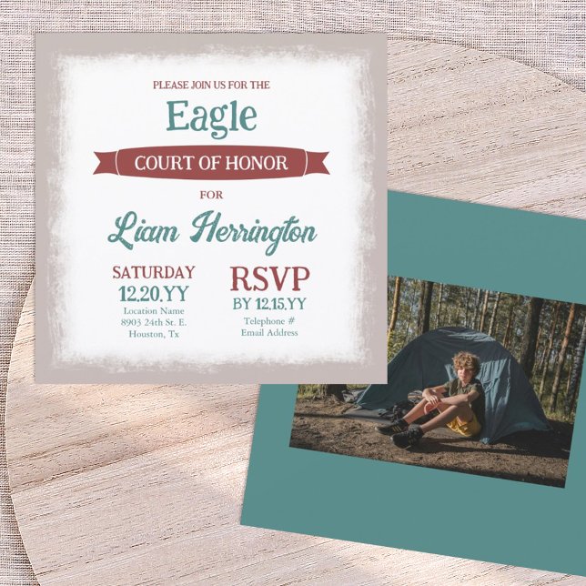 Teal Green, Burgundy Eagle Scout Court of Honor Inbjudningar (teal green and burgundy red eagle scout court of honor party invitation with picture, banner ribbon)