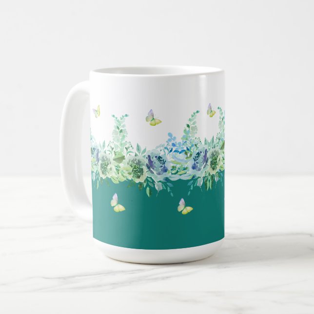 Teal Green Butterflies Floral Mug Kaffemugg (Framsida vänster)