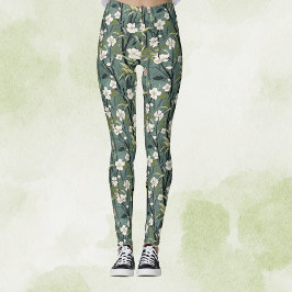 Teal Green Chinoiserie Tropical White Gold Floral Leggings