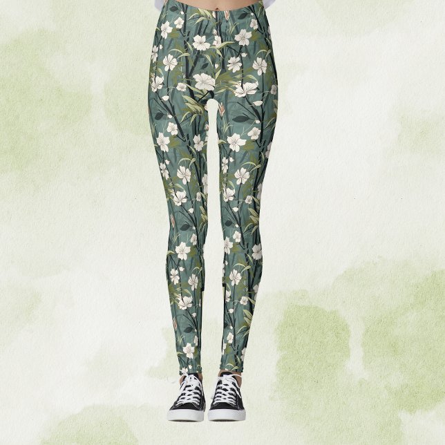 Teal Green Chinoiserie Tropical White Gold Floral Leggings (Skapare uppladdad)