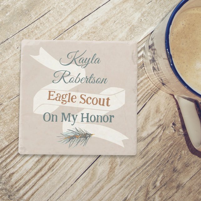 Teal Green, Copper, Beige Eagle Scout, On My Honor Stenunderlägg (teal green copper eagle scout court of honor, rustic pine needles, personalized gift coaster)