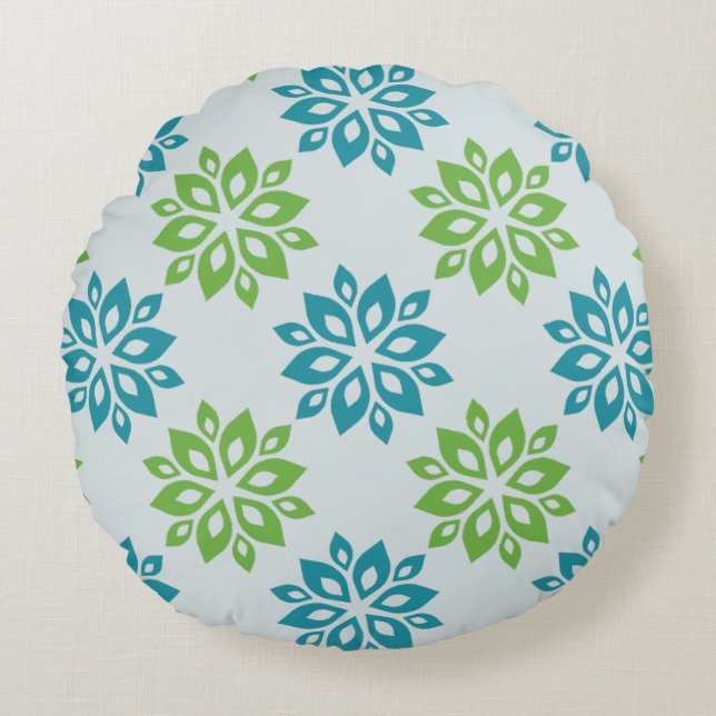 Teal  & Green Floral Bloom Pattern Round Pillow Rund Kudde (Framsidan)