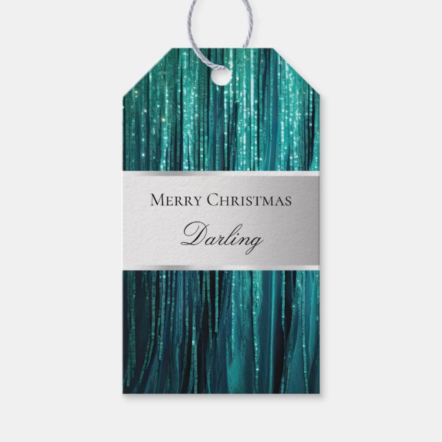 Teal Green Glam Glitzy Tinsel Stripes Presentetikett (Framsidan)