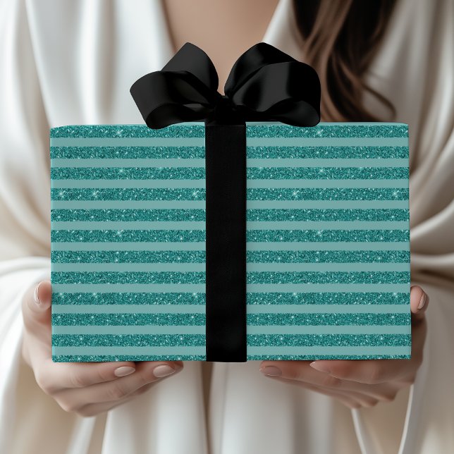 Teal Green Glitter Style Horizontal Stripes Presentpapper (Skapare uppladdad)