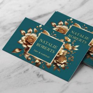 Teal Green Modern Gold Floral Beauty Salon & SPA Visitkort