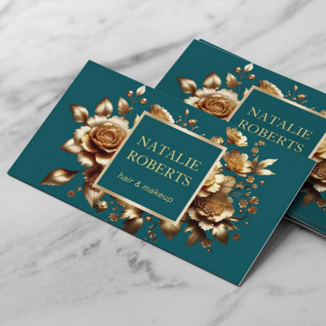 Teal Green Modern Gold Floral Beauty Salon & SPA Visitkort (Skapare uppladdad)