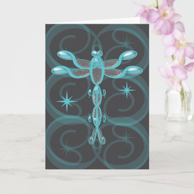 Teal, Grey, Glass Dragonfly with Stars Birthday Kort (Orkide)