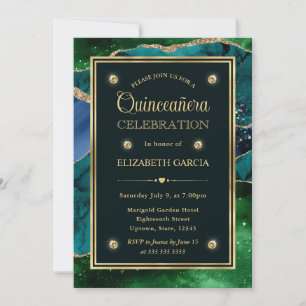 Teal, Grön och Guld Glitter Agate Quinceanera Inbjudningar
