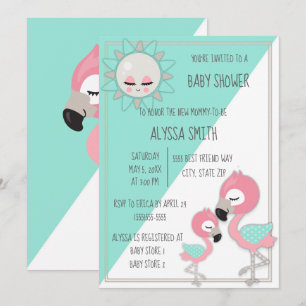 Teal/Grön Rosa Flamingo Baby Girl Shower Inbjudan