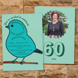 Teal & Grönt 60:e födelsedag Cute Bird Middag Part Inbjudningar