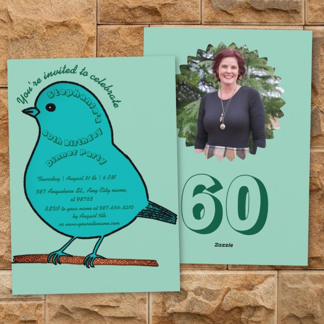Teal & Grönt 60:e födelsedag Cute Bird Middag Part Inbjudningar (Skapare uppladdad)