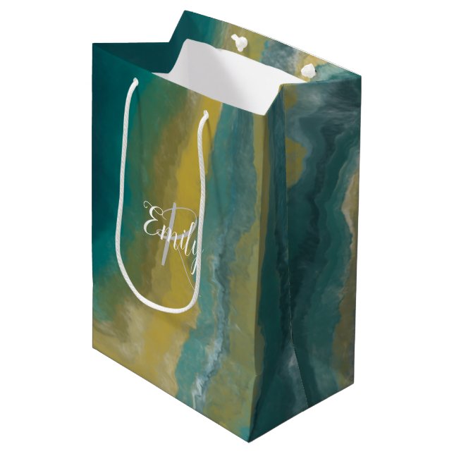 Teal Grönt Agate Marble Abstrakt Namn Monogram (Framsidan Vinklad)
