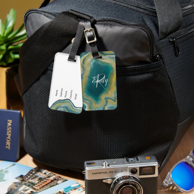 Teal Grönt Agate Marble Abstrakt Namn Monogram Bagagebricka (Fram & Baksida)