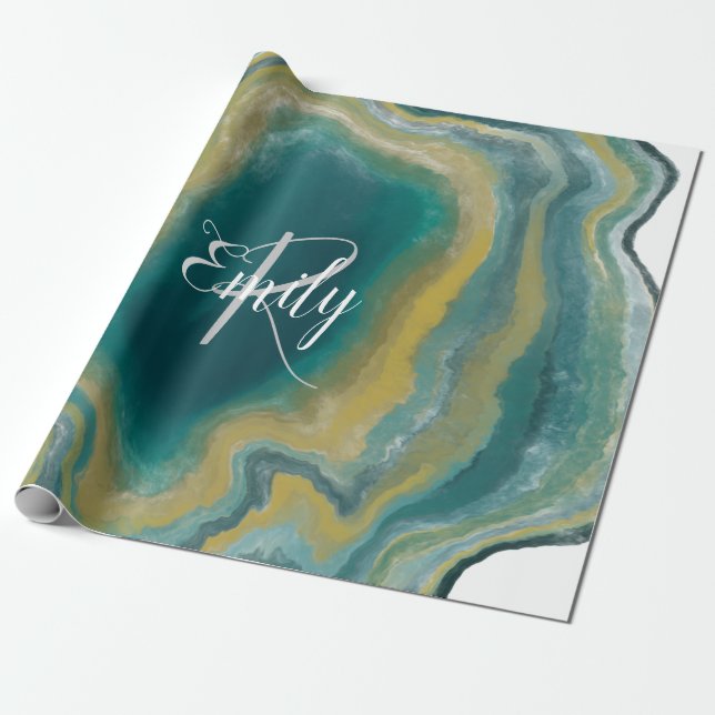 Teal Grönt Agate Marble Abstrakt Namn Monogram Presentpapper (Utrullad)