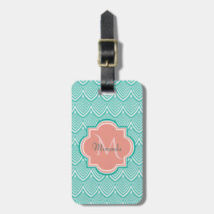 Teal Grönt Art Deco Fish Scales Rosa Monogram Namn Bagagebricka