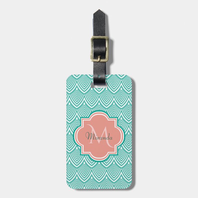 Teal Grönt Art Deco Fish Scales Rosa Monogram Namn Bagagebricka (Vertikal Framsida)