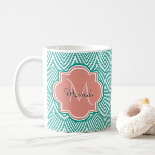 Teal Grönt Art Deco Fish Scales Rosa Monogram Namn Kaffemugg (Med munk)