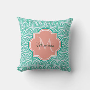 Teal Grönt Art Deco Fish Scales Rosa Monogram Namn Kudde