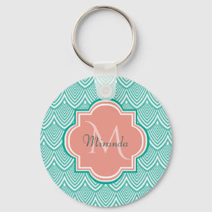 Teal Grönt Art Deco Fish Scales Rosa Monogram Namn Nyckelring