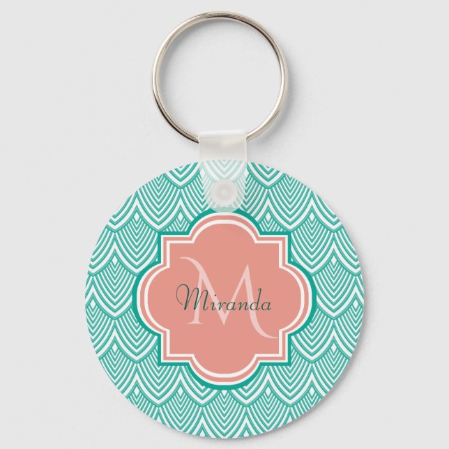 Teal Grönt Art Deco Fish Scales Rosa Monogram Namn Nyckelring (Framsida)