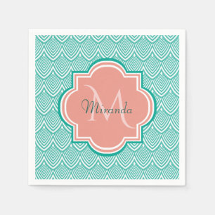 Teal Grönt Art Deco Fish Scales Rosa Monogram Namn Pappersservett