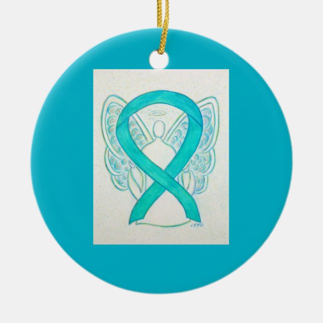 Teal Grönt Awareness Ribbon Angel Ornaments Julgransprydnad Keramik (Framsidan)