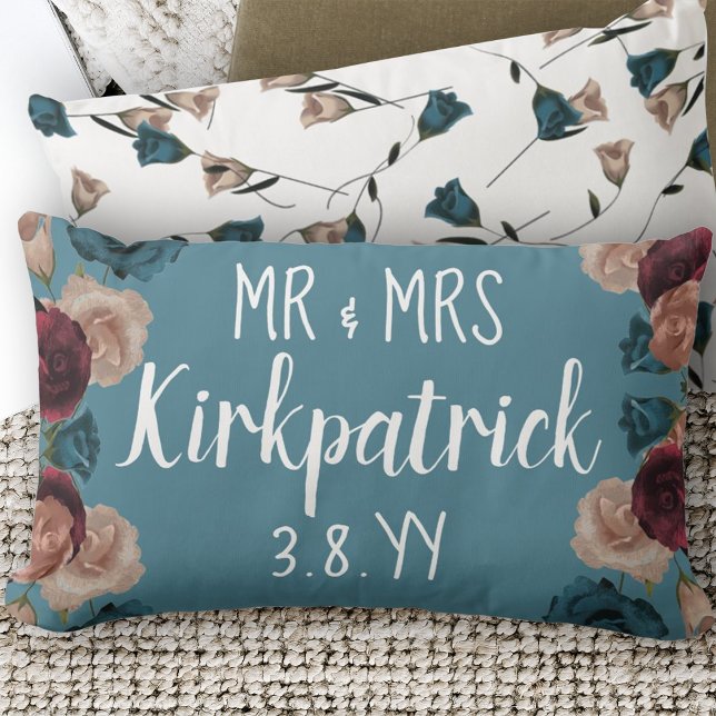 Teal Grönt, Beige, Burgundy Bröllop Ro Newlyed Lumbarkudde (Teal Flowers Burgundy Roses Beige Botanical Throw Pillow for Newlywed Couple Names Bride Groom)