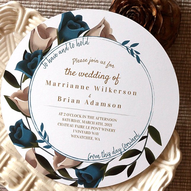 Teal Grönt, Beige Garden Ro Boho Bröllop Inbjudningar (Botanical Vintage Garden Wedding Invitation with Teal and Beige Roses)