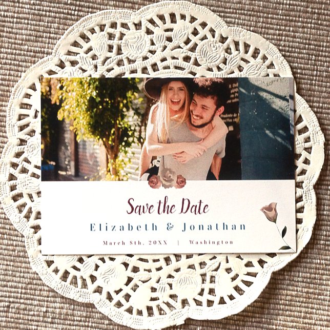 Teal Grönt, Beige Ro Bröllop spara datum-kort Rådkort (Vintage Botanical Garden Rose Wedding Save the Date Card with Photo)