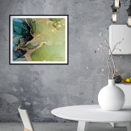 Teal Grönt Black Guld Abstrakt Alcohol Bläck Poster