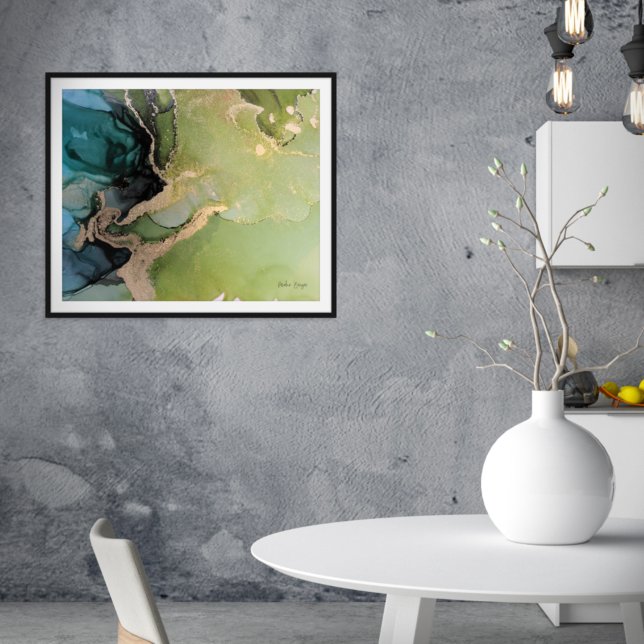 Teal Grönt Black Guld Abstrakt Alcohol Bläck Poster (Skapare uppladdad)