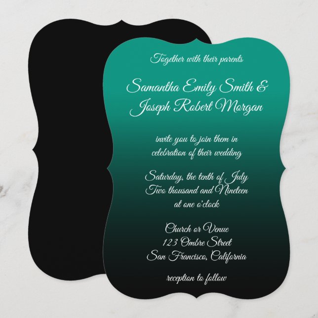 Teal Grönt Black Ombre Elegant Calligraphy Bröllop Inbjudningar (Fram/baksida)
