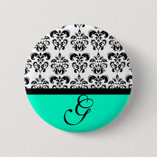 TEAL GRÖNT BLACK WHITE DAMASK WEDDING MONOGRAM KNAPP