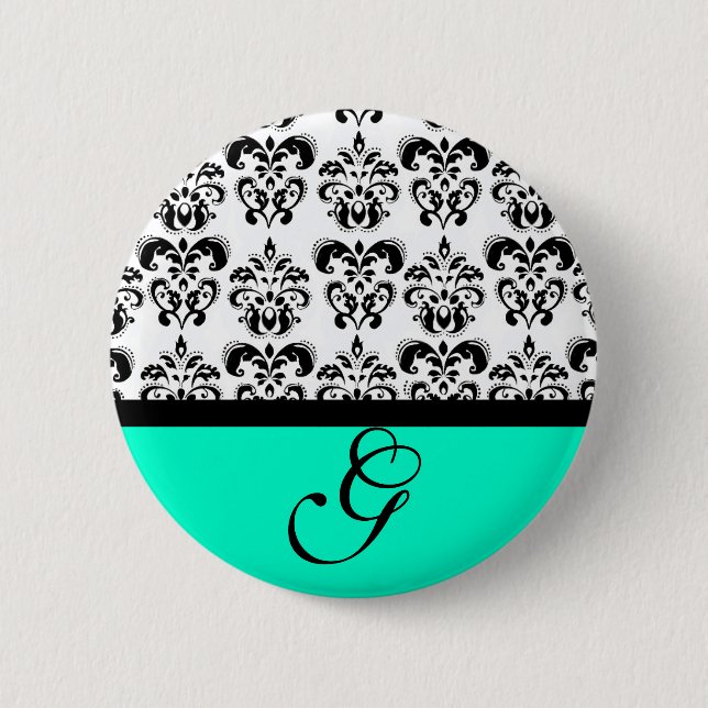 TEAL GRÖNT BLACK WHITE DAMASK WEDDING MONOGRAM KNAPP (Framsida)