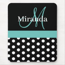 Teal Grönt Black White Polka Dot Monogram