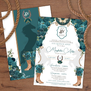 Teal Grönt Blommigt Western Charro Quinceañera Inbjudningar