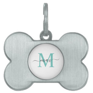 Teal Grönt Blue Black White Monogram Stil Namn ID-bricka Husdjur