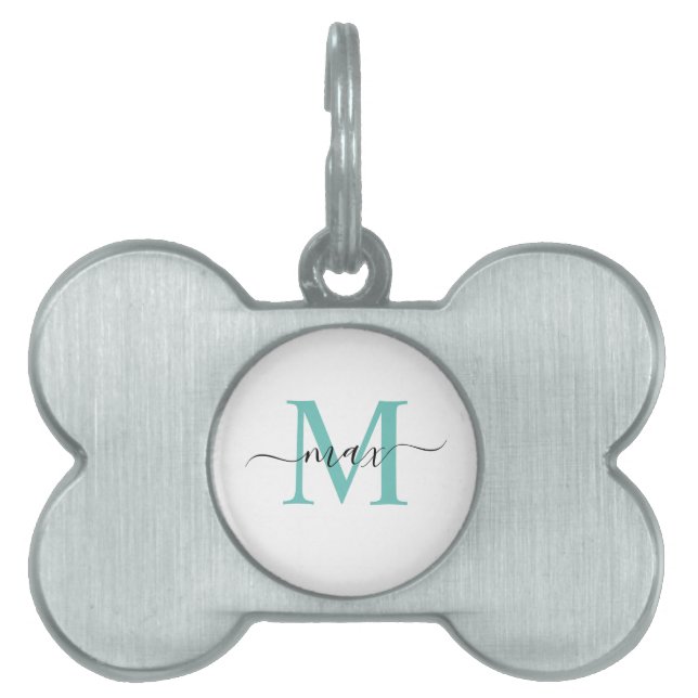 Teal Grönt Blue Black White Monogram Stil Namn ID-bricka Husdjur (Framsidan)