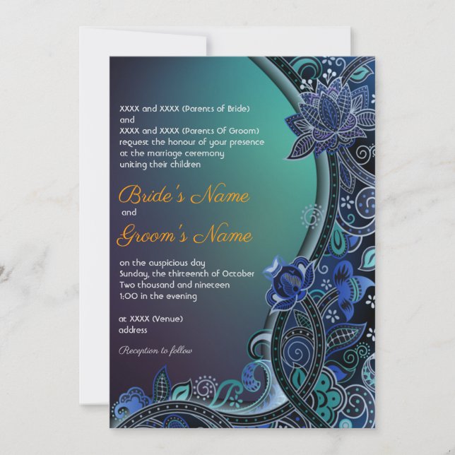 Teal Grönt Blue Paisley Lotus Luxe Indian Bröllop Inbjudningar (Framsida)