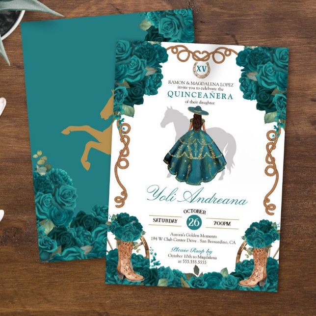 Teal Grönt Blue Ro Charro Vestidos Quinceanera Inbjudningar (Skapare uppladdad)